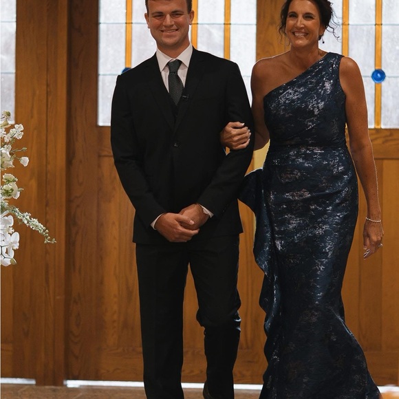 Teri Jon One-Shoulder Metallic Blue Dress - Picture 3 of 4